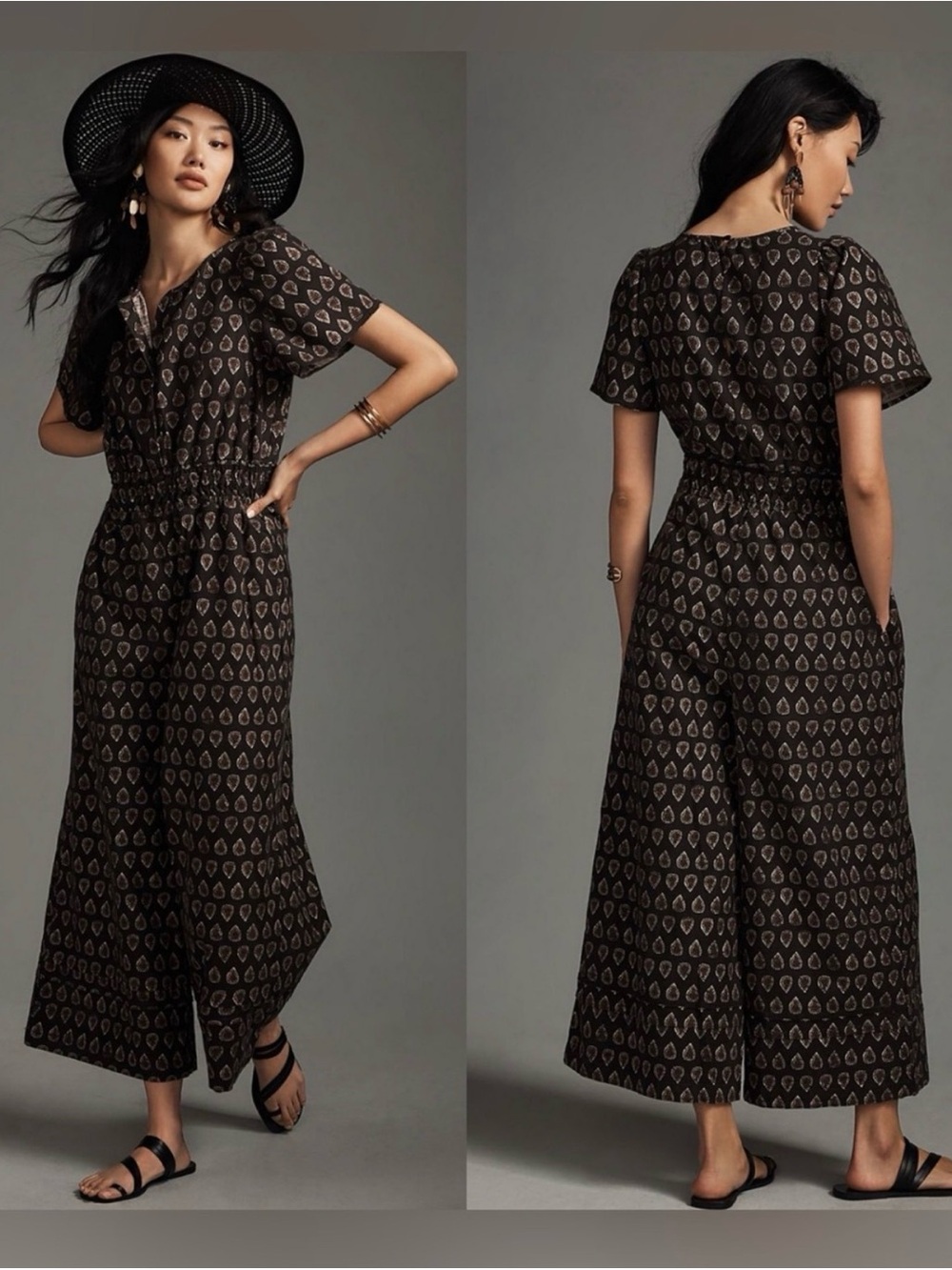 Anthropologie Somerset Black Patterned Wide-Leg Jumpsuit